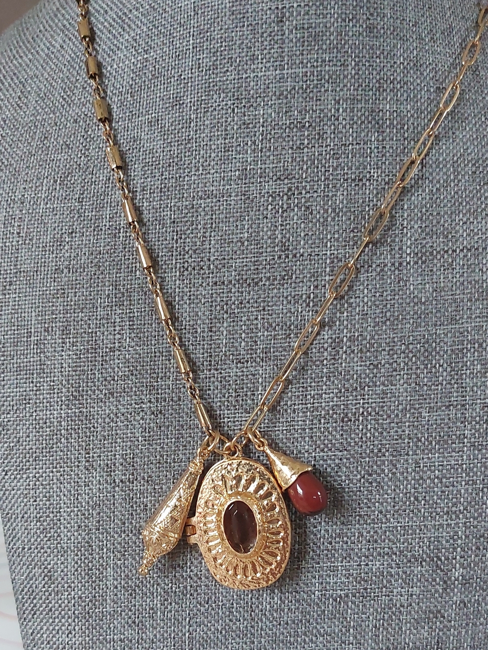 ZARA Gold Locket Charm Necklace Faux Garnet Cabochon Victorian Style 22"